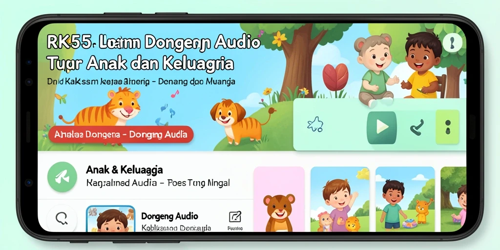 Antarmuka pengguna RK55 menampilkan koleksi dongeng audio yang menarik.